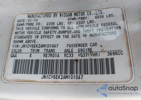 2010 Infiniti G37 Journey z USA, uszkodzony, nr VIN JN1CV6EK2AM101047